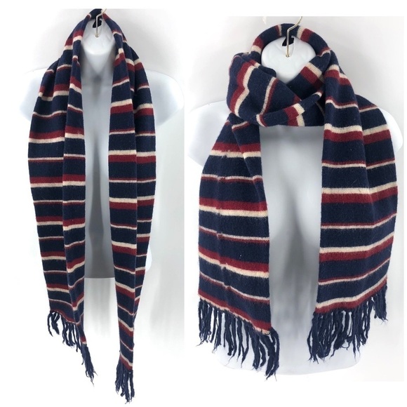 Christian Dior 100% Pure Wool Striped Scarf Fringe Trim Red Blue FLAW - Picture 1 of 9